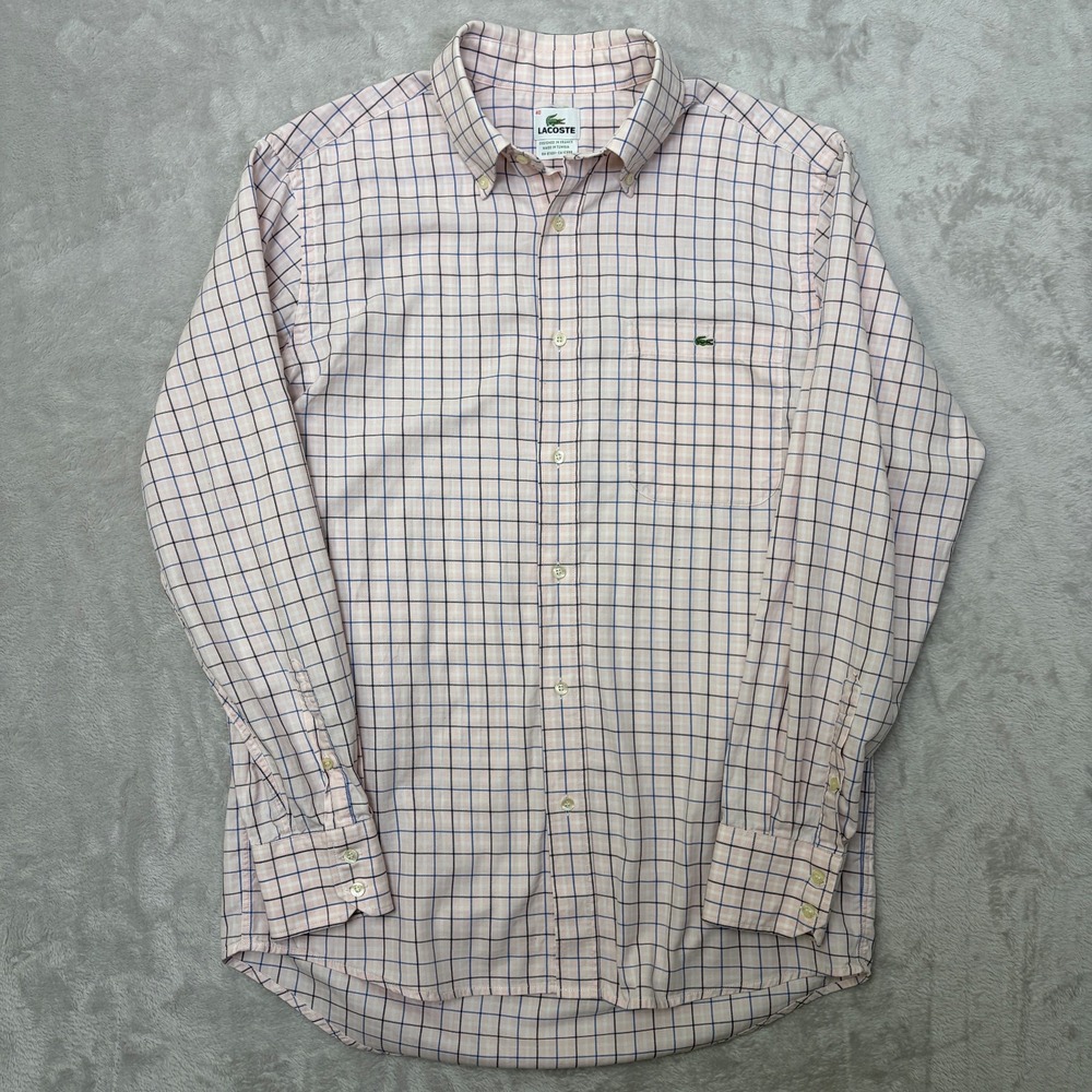 Lacoste Pink Windowpane Oxford Cloth Button Down FR40 slim M logo ocbd prep